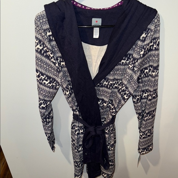 Women’s Jane & Bleecker Navy Hooded Double Knit Short Robe with Reindeer NWT - Picture 2 of 8